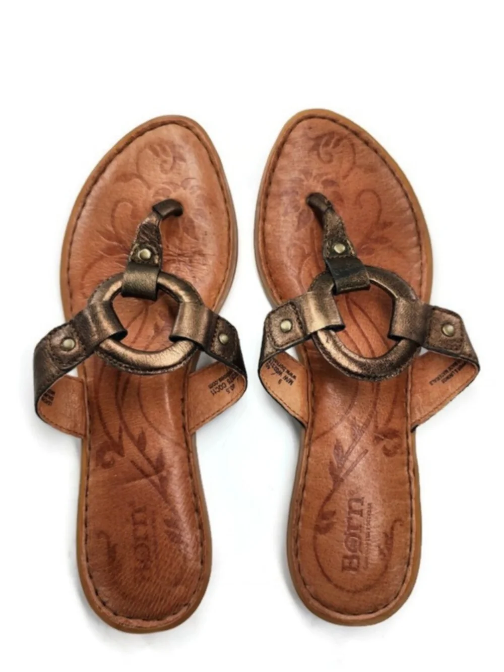 Born Bronze Metallic Leather Ring Accent Flat Slide-On Post-Toe Thong Sandals